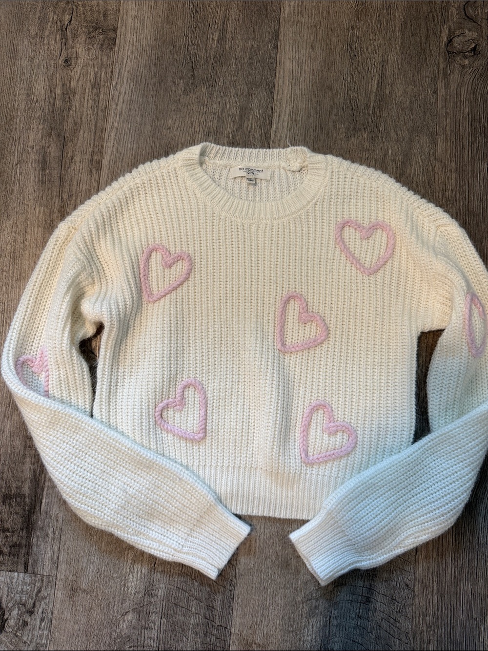 Cream Knit Sweater with Pink Heart Appliqués